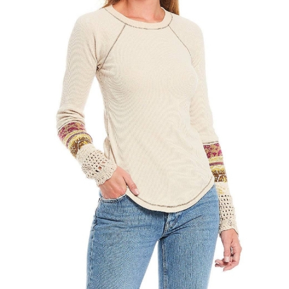 Free People In The Mix Cuff Waffle Knit Linen Combo Thermal LS Tee Size Med NWT - Picture 3 of 13
